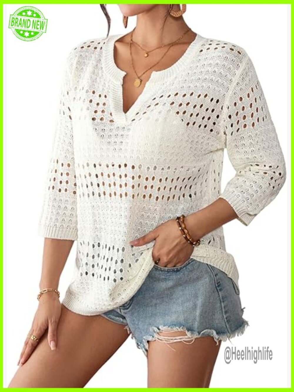 Crochet Cover Up 3/4 Sleeve V-Neck Beach Resort Wear